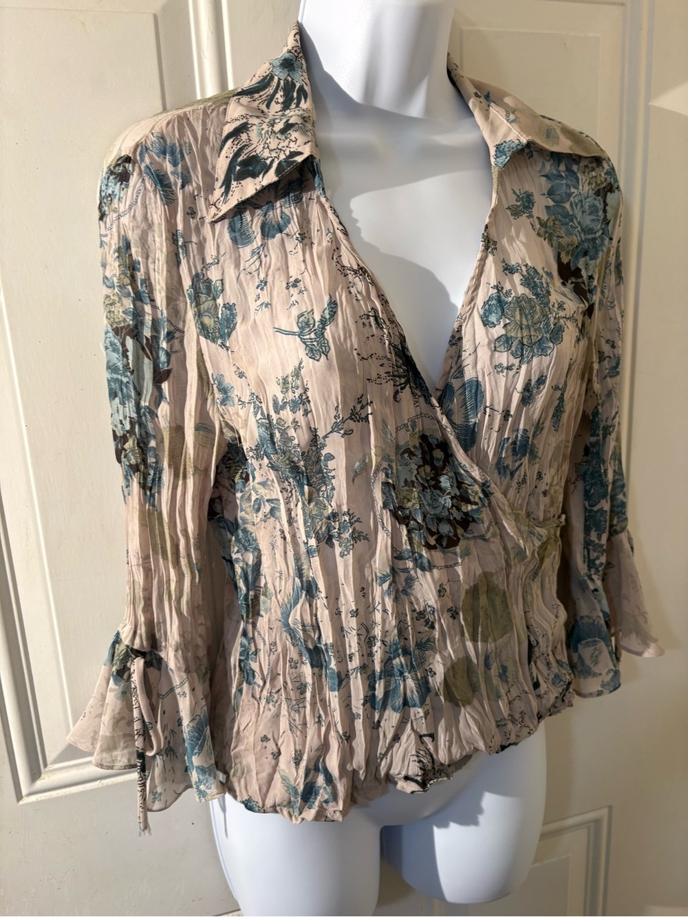Violet & Claire Beige Floral Wrap Blouse with Teal Accents Forestfairy,
